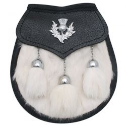 White Fur on Black Leather 2 Tassels Sporran